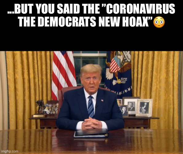 The Democrats  New Hoax | ...BUT YOU SAID THE ”CORONAVIRUS THE DEMOCRATS NEW HOAX”😳 | image tagged in donald trump,pandemic,trump virus,coronavirus,politics lol,morons for trump | made w/ Imgflip meme maker