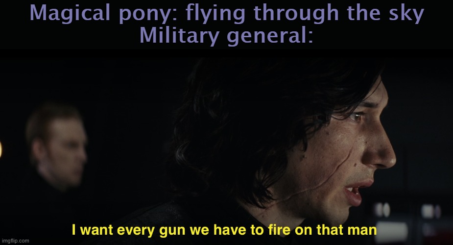 I want every gun we have to fire at that man |  Magical pony: flying through the sky
Military general: | image tagged in i want every gun we have to fire at that man,asdf,magical pony,star wars | made w/ Imgflip meme maker
