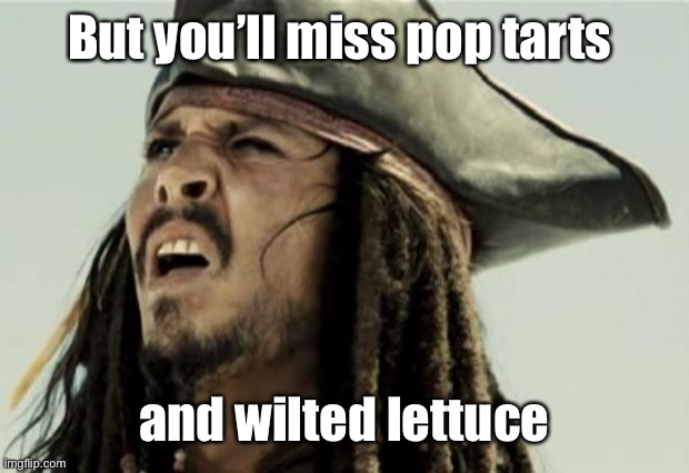 confused dafuq jack sparrow what | But you’ll miss pop tarts and wilted lettuce | image tagged in confused dafuq jack sparrow what | made w/ Imgflip meme maker