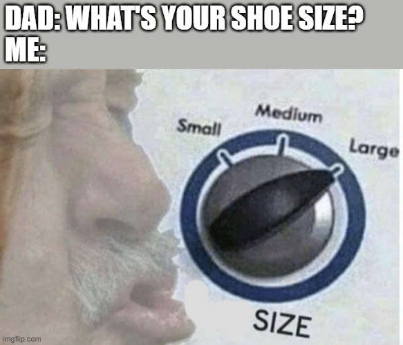 Oof size large | DAD: WHAT'S YOUR SHOE SIZE?
ME: | image tagged in oof size large | made w/ Imgflip meme maker