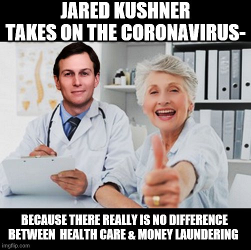 A man with god-like talents... | JARED KUSHNER TAKES ON THE CORONAVIRUS-; BECAUSE THERE REALLY IS NO DIFFERENCE BETWEEN  HEALTH CARE & MONEY LAUNDERING | image tagged in jared kushner,donald trump is an idiot,coronavirus,trump is a moron | made w/ Imgflip meme maker