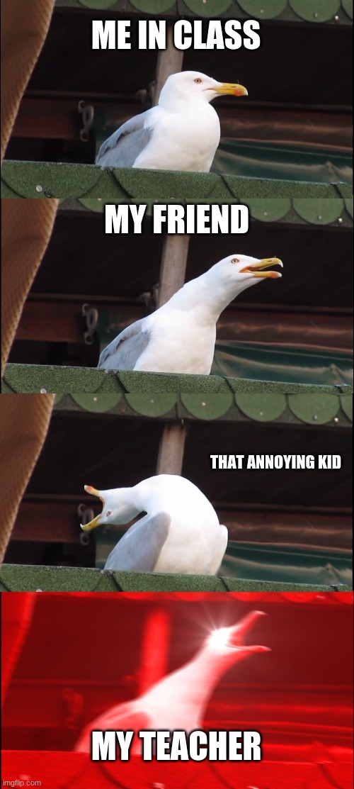 Inhaling Seagull Meme | ME IN CLASS; MY FRIEND; THAT ANNOYING KID; MY TEACHER | image tagged in memes,inhaling seagull | made w/ Imgflip meme maker