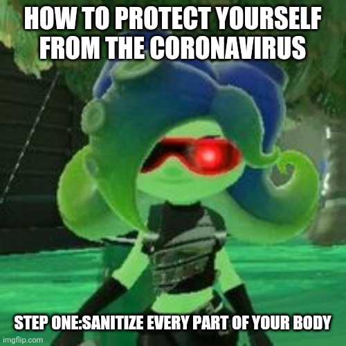 Sanitized Octoling | HOW TO PROTECT YOURSELF FROM THE CORONAVIRUS; STEP ONE:SANITIZE EVERY PART OF YOUR BODY | image tagged in sanitized octoling,octoling,splatoon,coronavirus,memes | made w/ Imgflip meme maker