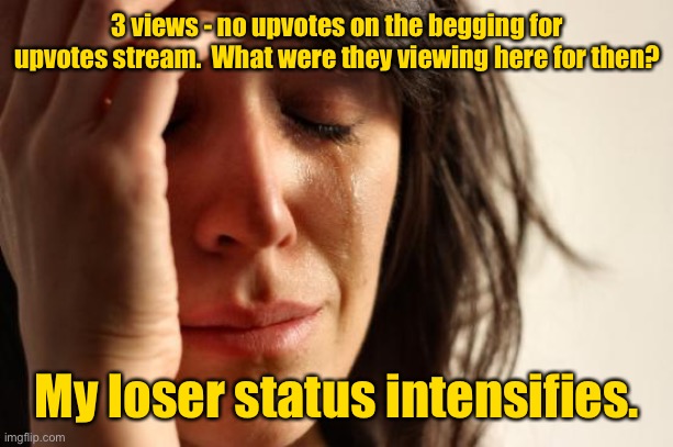 First World Problems Meme | 3 views - no upvotes on the begging for upvotes stream.  What were they viewing here for then? My loser status intensifies. | image tagged in memes,first world problems | made w/ Imgflip meme maker