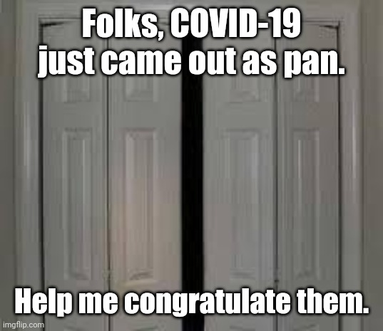 The more the merrier. XD | Folks, COVID-19 just came out as pan. Help me congratulate them. | image tagged in closet,covid-19,pan,too soon | made w/ Imgflip meme maker