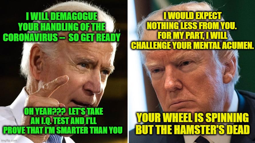 Biden vs. Trump | I WOULD EXPECT NOTHING LESS FROM YOU.  FOR MY PART, I WILL CHALLENGE YOUR MENTAL ACUMEN. I WILL DEMAGOGUE YOUR HANDLING OF THE CORONAVIRUS --  SO GET READY; OH YEAH???  LET'S TAKE AN I.Q. TEST AND I'LL PROVE THAT I'M SMARTER THAN YOU; YOUR WHEEL IS SPINNING BUT THE HAMSTER'S DEAD | image tagged in joe biden,president trump,coronavirus | made w/ Imgflip meme maker