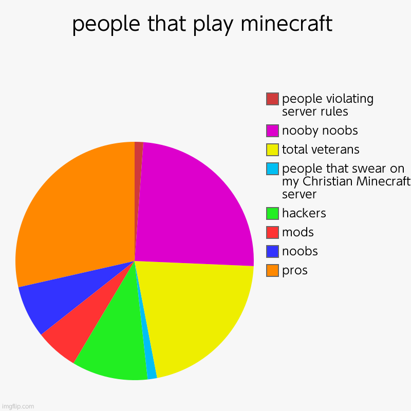 people that play minecraft | pros, noobs, mods, hackers, people that swear on my Christian Minecraft server, total veterans, nooby noobs, pe | image tagged in charts,pie charts | made w/ Imgflip chart maker