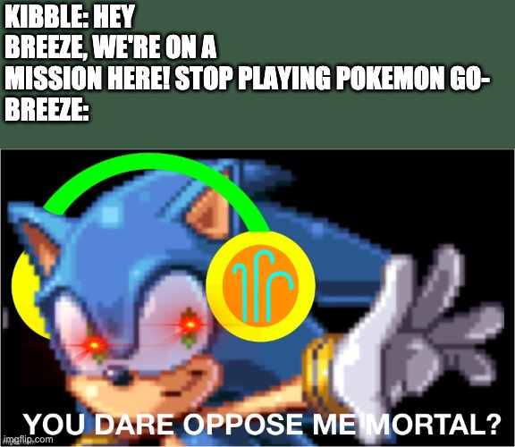 KIBBLE: HEY BREEZE, WE'RE ON A MISSION HERE! STOP PLAYING POKEMON GO-
BREEZE: | image tagged in you dare oppose me mortal breeze | made w/ Imgflip meme maker