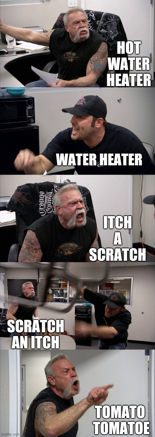 What? | HOT WATER HEATER; WATER HEATER; ITCH A SCRATCH; SCRATCH AN ITCH; TOMATO  TOMATOE | image tagged in memes,american chopper argument,tomato,know the difference,same,wait what | made w/ Imgflip meme maker
