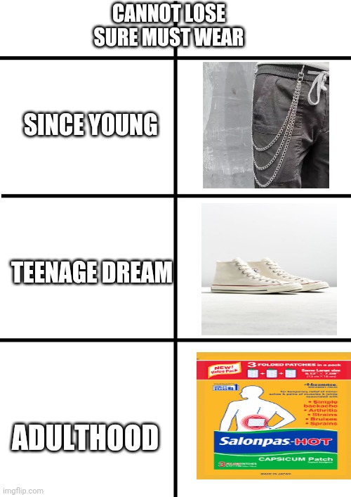 Comparison Chart | CANNOT LOSE SURE MUST WEAR; SINCE YOUNG; TEENAGE DREAM; ADULTHOOD | image tagged in comparison chart | made w/ Imgflip meme maker