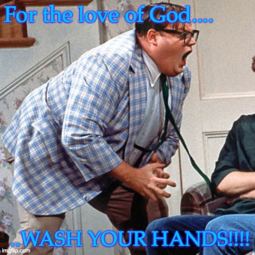 Matt Foley on hand washing | For the love of God.... ..WASH YOUR HANDS!!!! | image tagged in chris farley for the love of god | made w/ Imgflip meme maker