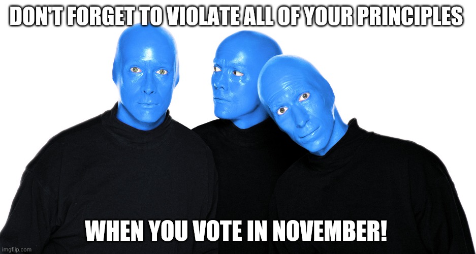 Blue Man Group | DON'T FORGET TO VIOLATE ALL OF YOUR PRINCIPLES; WHEN YOU VOTE IN NOVEMBER! | image tagged in blue man group | made w/ Imgflip meme maker