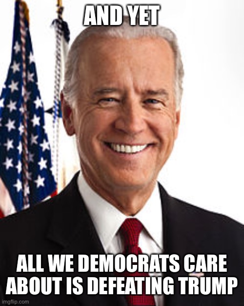 Joe Biden Meme | AND YET ALL WE DEMOCRATS CARE ABOUT IS DEFEATING TRUMP | image tagged in memes,joe biden | made w/ Imgflip meme maker