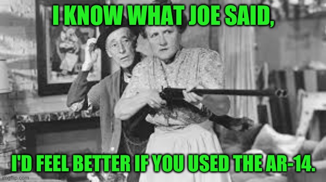 If there's a problem, just walk out on the balcony here, and put that double-barrel shotgun and fire two blasts outside.... | I KNOW WHAT JOE SAID, I'D FEEL BETTER IF YOU USED THE AR-14. | image tagged in ma and pa kettle | made w/ Imgflip meme maker