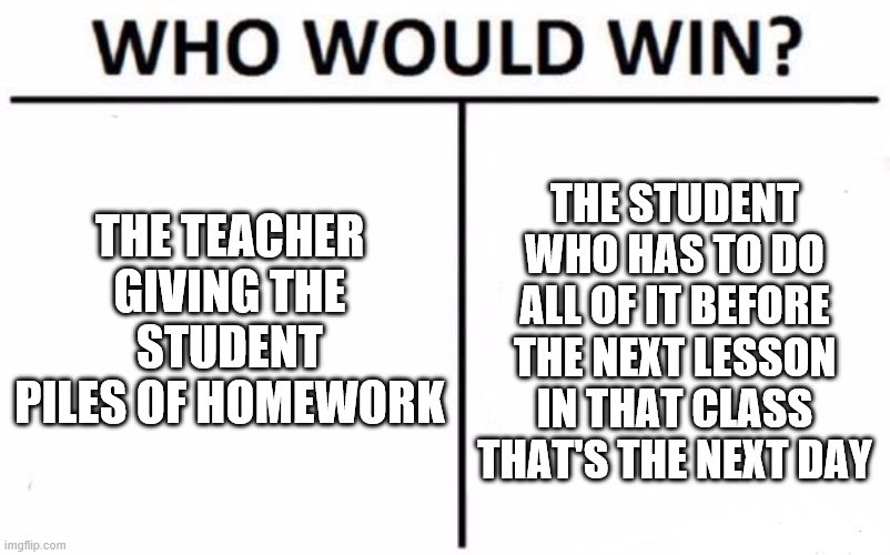 Who Would Win? | THE TEACHER GIVING THE STUDENT PILES OF HOMEWORK; THE STUDENT WHO HAS TO DO ALL OF IT BEFORE THE NEXT LESSON IN THAT CLASS THAT'S THE NEXT DAY | image tagged in memes,who would win | made w/ Imgflip meme maker