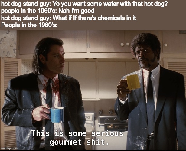 Some serious gourmet shit | hot dog stand guy: Yo you want some water with that hot dog?
people in the 1960's: Nah I'm good
hot dog stand guy: What if If there's chemicals in it
People in the 1960's: | image tagged in some serious gourmet shit | made w/ Imgflip meme maker