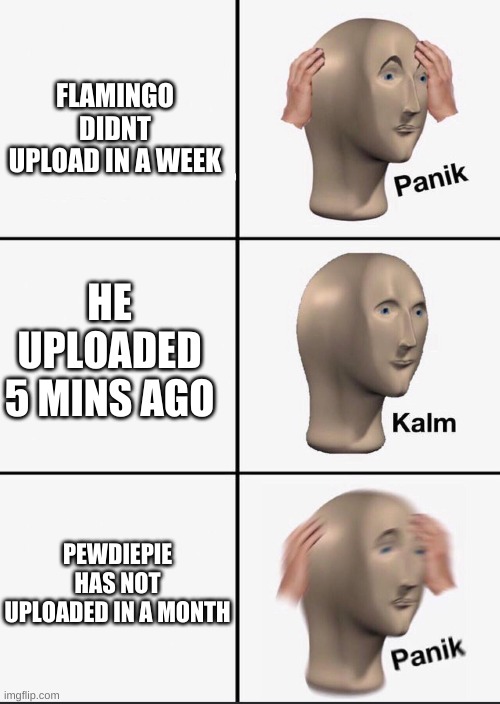 Panik |  FLAMINGO DIDNT UPLOAD IN A WEEK; HE UPLOADED 5 MINS AGO; PEWDIEPIE HAS NOT UPLOADED IN A MONTH | image tagged in panik | made w/ Imgflip meme maker
