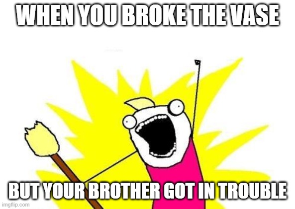 X All The Y | WHEN YOU BROKE THE VASE; BUT YOUR BROTHER GOT IN TROUBLE | image tagged in memes,x all the y | made w/ Imgflip meme maker