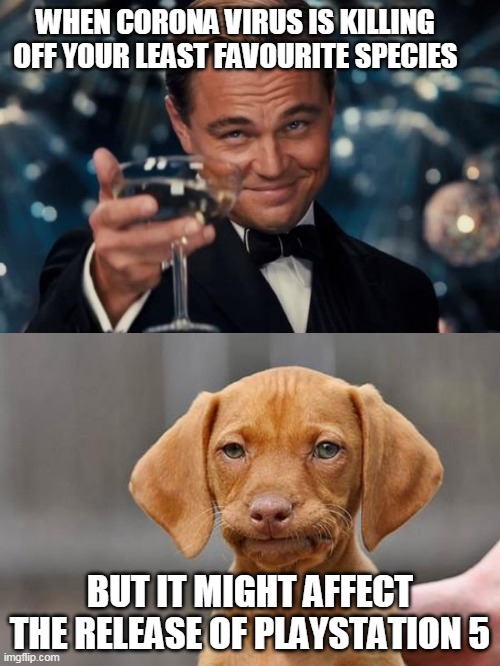  WHEN CORONA VIRUS IS KILLING OFF YOUR LEAST FAVOURITE SPECIES; BUT IT MIGHT AFFECT THE RELEASE OF PLAYSTATION 5 | image tagged in dissapointed puppy,memes,leonardo dicaprio cheers | made w/ Imgflip meme maker