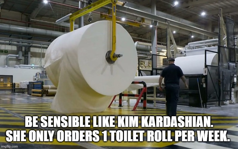 BE SENSIBLE LIKE KIM KARDASHIAN. SHE ONLY ORDERS 1 TOILET ROLL PER WEEK. | image tagged in kim kardashian | made w/ Imgflip meme maker