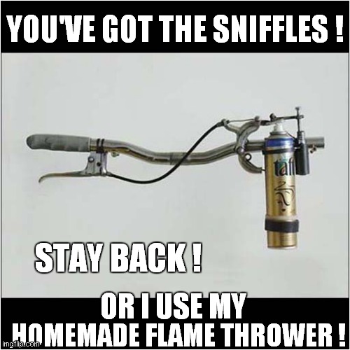 DIY Corona Virus Weapon | YOU'VE GOT THE SNIFFLES ! STAY BACK ! HOMEMADE FLAME THROWER ! OR I USE MY | image tagged in fun,corona virus | made w/ Imgflip meme maker