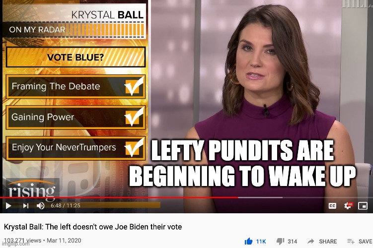 Lefty pundits bernie or bust | LEFTY PUNDITS ARE BEGINNING TO WAKE UP | image tagged in bernie or bust | made w/ Imgflip meme maker