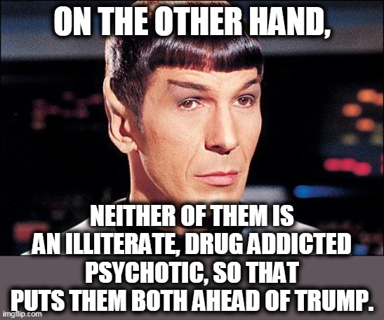 Condescending Spock | ON THE OTHER HAND, NEITHER OF THEM IS AN ILLITERATE, DRUG ADDICTED PSYCHOTIC, SO THAT PUTS THEM BOTH AHEAD OF TRUMP. | image tagged in condescending spock | made w/ Imgflip meme maker