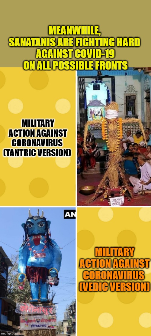 fight coronavirus | MEANWHILE, 
SANATANIS ARE FIGHTING HARD 
AGAINST COVID-19
ON ALL POSSIBLE FRONTS; MILITARY ACTION AGAINST
CORONAVIRUS 

(TANTRIC VERSION); MILITARY ACTION AGAINST
CORONAVIRUS 

(VEDIC VERSION) | image tagged in hinduism | made w/ Imgflip meme maker