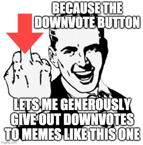 1950s Middle Finger Meme | BECAUSE THE DOWNVOTE BUTTON LETS ME GENEROUSLY GIVE OUT DOWNVOTES TO MEMES LIKE THIS ONE | image tagged in memes,1950s middle finger | made w/ Imgflip meme maker