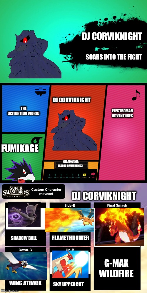 Finally! I've edited it all to this! | DJ CORVIKNIGHT; SOARS INTO THE FIGHT; DJ CORVIKNIGHT; THE DISTORTION WORLD; ELECTROMAN ADVENTURES; FUMIKAGE; MEGALOVENIA (ADDED DRUM REMIX); DJ CORVIKNIGHT; FLAMETHROWER; SHADOW BALL; G-MAX WILDFIRE; SKY UPPERCUT; WING ATRACK | image tagged in everyone joins the battle,smash ultimate dlc fighter profile,smash ultimate custom moveset | made w/ Imgflip meme maker
