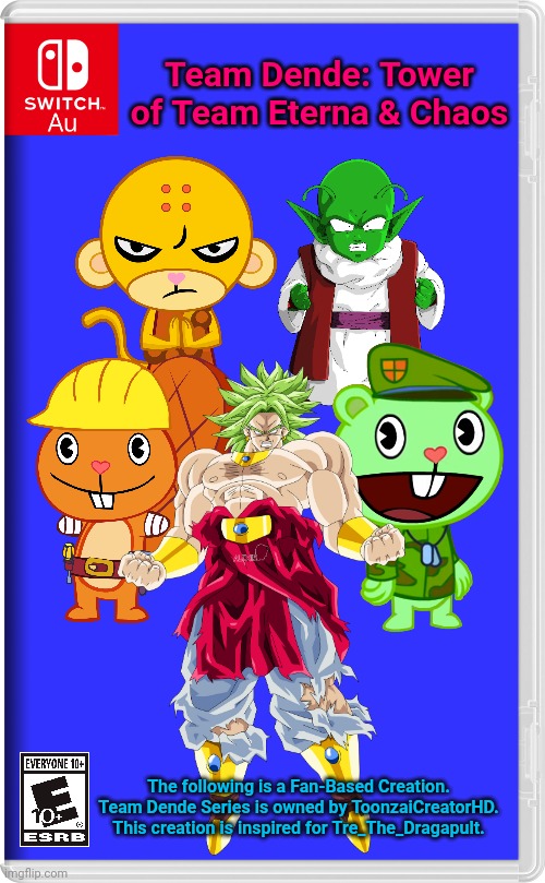 Team Dende 57 (HTF Crossover Game) | Team Dende: Tower of Team Eterna & Chaos; The following is a Fan-Based Creation. Team Dende Series is owned by ToonzaiCreatorHD. This creation is inspired for Tre_The_Dragapult. | image tagged in switch au template,team dende,dende,happy tree friends,dragon ball z,nintendo switch | made w/ Imgflip meme maker