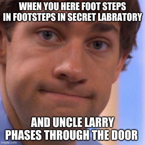 Welp Jim face | WHEN YOU HERE FOOT STEPS IN FOOTSTEPS IN SECRET LABRATORY; AND UNCLE LARRY PHASES THROUGH THE DOOR | image tagged in welp jim face | made w/ Imgflip meme maker