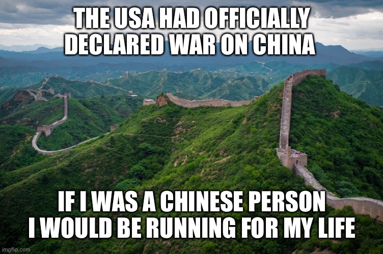 great wall of china | THE USA HAD OFFICIALLY DECLARED WAR ON CHINA; IF I WAS A CHINESE PERSON I WOULD BE RUNNING FOR MY LIFE | image tagged in great wall of china | made w/ Imgflip meme maker
