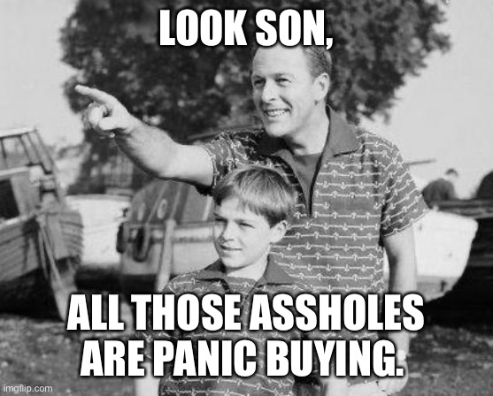 Look Son | LOOK SON, ALL THOSE ASSHOLES ARE PANIC BUYING. | image tagged in memes,look son | made w/ Imgflip meme maker