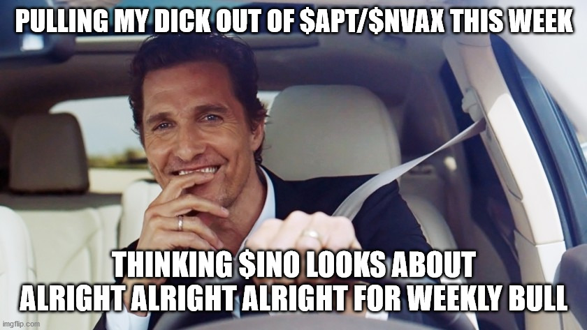 matthew mcconaughey | PULLING MY DICK OUT OF $APT/$NVAX THIS WEEK; THINKING $INO LOOKS ABOUT ALRIGHT ALRIGHT ALRIGHT FOR WEEKLY BULL | image tagged in matthew mcconaughey | made w/ Imgflip meme maker