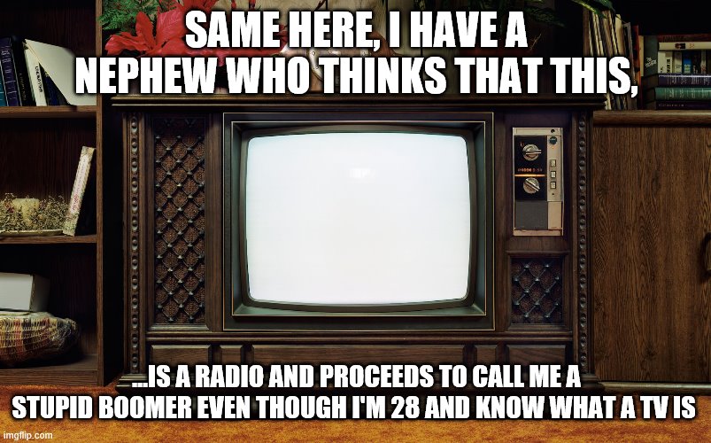 yep | SAME HERE, I HAVE A NEPHEW WHO THINKS THAT THIS, ...IS A RADIO AND PROCEEDS TO CALL ME A STUPID BOOMER EVEN THOUGH I'M 28 AND KNOW WHAT A TV IS | image tagged in old tv,lol so funny | made w/ Imgflip meme maker