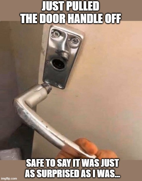 A Door Surprise | JUST PULLED THE DOOR HANDLE OFF; SAFE TO SAY IT WAS JUST AS SURPRISED AS I WAS... | image tagged in door,memes | made w/ Imgflip meme maker