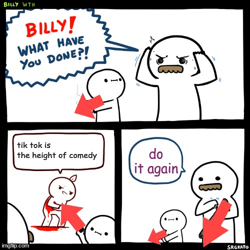 Billy, What Have You Done | tik tok is the height of comedy; do it again | image tagged in billy what have you done | made w/ Imgflip meme maker