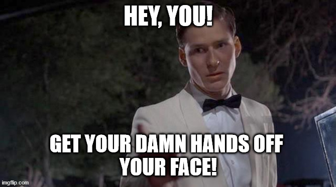 HEY, YOU! GET YOUR DAMN HANDS OFF 
YOUR FACE! | image tagged in memes | made w/ Imgflip meme maker