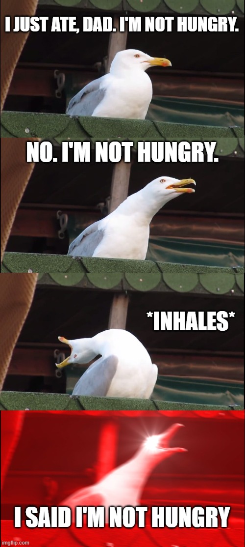 Inhaling Seagull Meme | I JUST ATE, DAD. I'M NOT HUNGRY. NO. I'M NOT HUNGRY. *INHALES*; I SAID I'M NOT HUNGRY | image tagged in memes,inhaling seagull | made w/ Imgflip meme maker