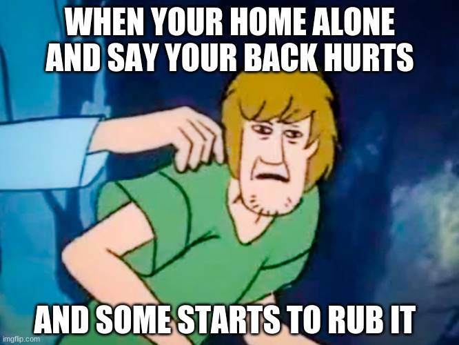 Shaggy meme | WHEN YOUR HOME ALONE AND SAY YOUR BACK HURTS; AND SOME STARTS TO RUB IT | image tagged in shaggy meme | made w/ Imgflip meme maker