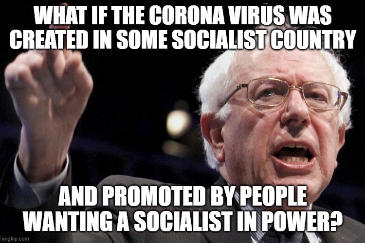 Bernie Sanders | WHAT IF THE CORONA VIRUS WAS CREATED IN SOME SOCIALIST COUNTRY; AND PROMOTED BY PEOPLE WANTING A SOCIALIST IN POWER? | image tagged in bernie sanders | made w/ Imgflip meme maker