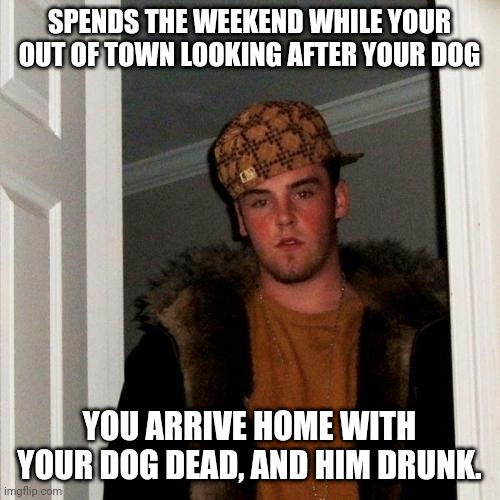 Scumbag Steve | SPENDS THE WEEKEND WHILE YOUR OUT OF TOWN LOOKING AFTER YOUR DOG; YOU ARRIVE HOME WITH YOUR DOG DEAD, AND HIM DRUNK. | image tagged in memes,scumbag steve | made w/ Imgflip meme maker