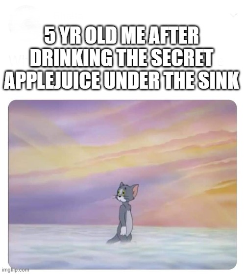 Tom in heaven | 5 YR OLD ME AFTER DRINKING THE SECRET APPLEJUICE UNDER THE SINK | image tagged in tom in heaven | made w/ Imgflip meme maker