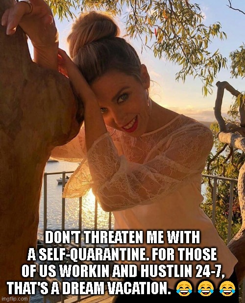Dannii vacation | DON'T THREATEN ME WITH A SELF-QUARANTINE. FOR THOSE OF US WORKIN AND HUSTLIN 24-7, THAT'S A DREAM VACATION. 😂😂😂 | image tagged in dannii vacation | made w/ Imgflip meme maker