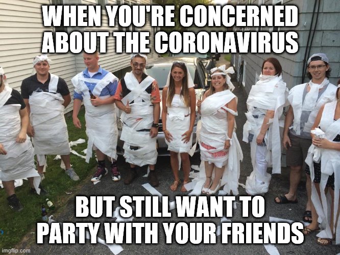 WHEN YOU'RE CONCERNED ABOUT THE CORONAVIRUS; BUT STILL WANT TO PARTY WITH YOUR FRIENDS | image tagged in toilet paper,coronavirus | made w/ Imgflip meme maker