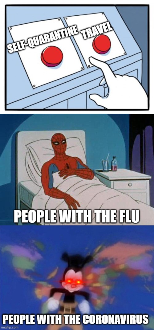 People with the coronavirus be like | TRAVEL; SELF-QUARANTINE; PEOPLE WITH THE FLU; PEOPLE WITH THE CORONAVIRUS | image tagged in memes,spiderman hospital,two buttons,yakko's world,funny,coronavirus | made w/ Imgflip meme maker
