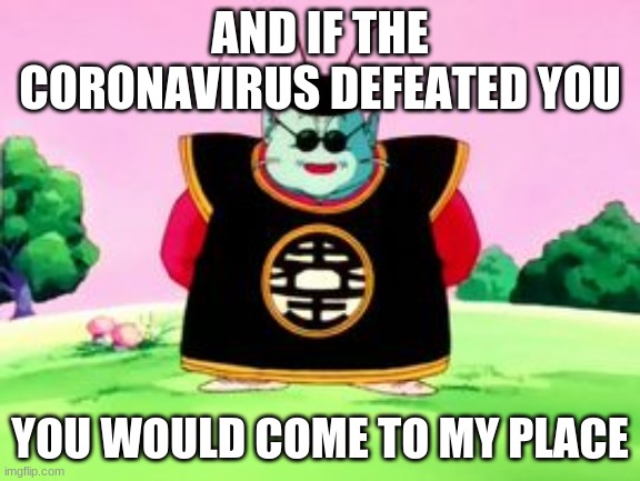 King Kai Wisdom | AND IF THE CORONAVIRUS DEFEATED YOU YOU WOULD COME TO MY PLACE | image tagged in king kai wisdom | made w/ Imgflip meme maker