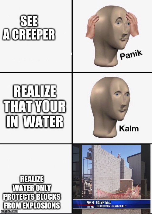 Panik | SEE A CREEPER; REALIZE THAT YOUR IN  WATER; REALIZE WATER ONLY PROTECTS BLOCKS FROM EXPLOSIONS | image tagged in panik | made w/ Imgflip meme maker