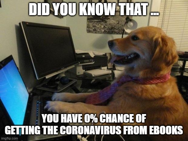Dog behind a computer | DID YOU KNOW THAT ... YOU HAVE 0% CHANCE OF GETTING THE CORONAVIRUS FROM EBOOKS | image tagged in dog behind a computer | made w/ Imgflip meme maker